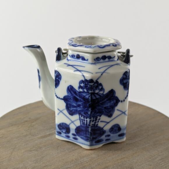 Miniature Chinese Tea Pot Vintage Soy Sauce Vinegar Container Chinoiserie Cobalt - Picture 3 of 10